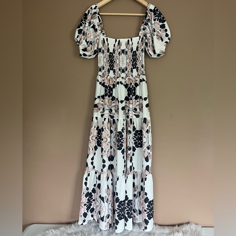 {Sunday Up} Smocked Off The Shoulder Puff Sleeve Floral Midi Dress - Size Small - Picture 5 of 9